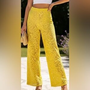 NWOT White Fox Cherie Lace Palazzo Pants Citrus Sheer Wide Leg | Size Small